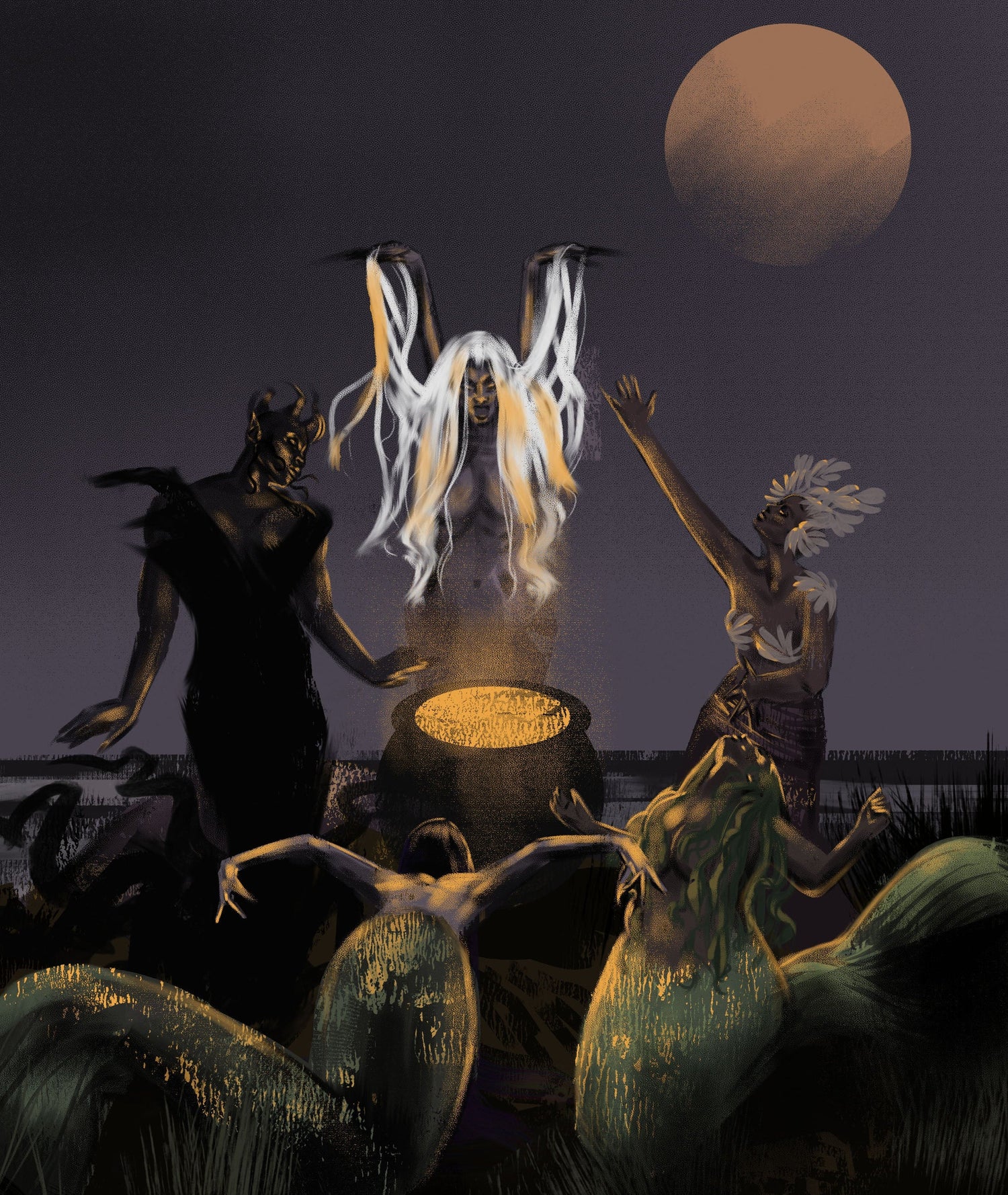 Dark fantasy scene with creatures around a glowing pot, moonlit sky, and ruined buildings.
